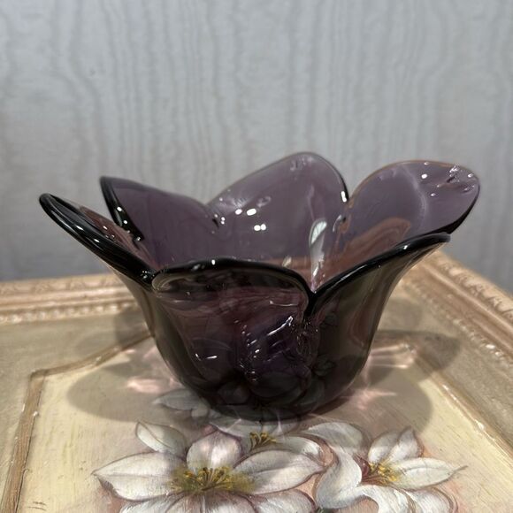 Vintage Handblown Amethyst Purple Murano Glass Tulip Flower Shape Vase Dish - Picture 12 of 12